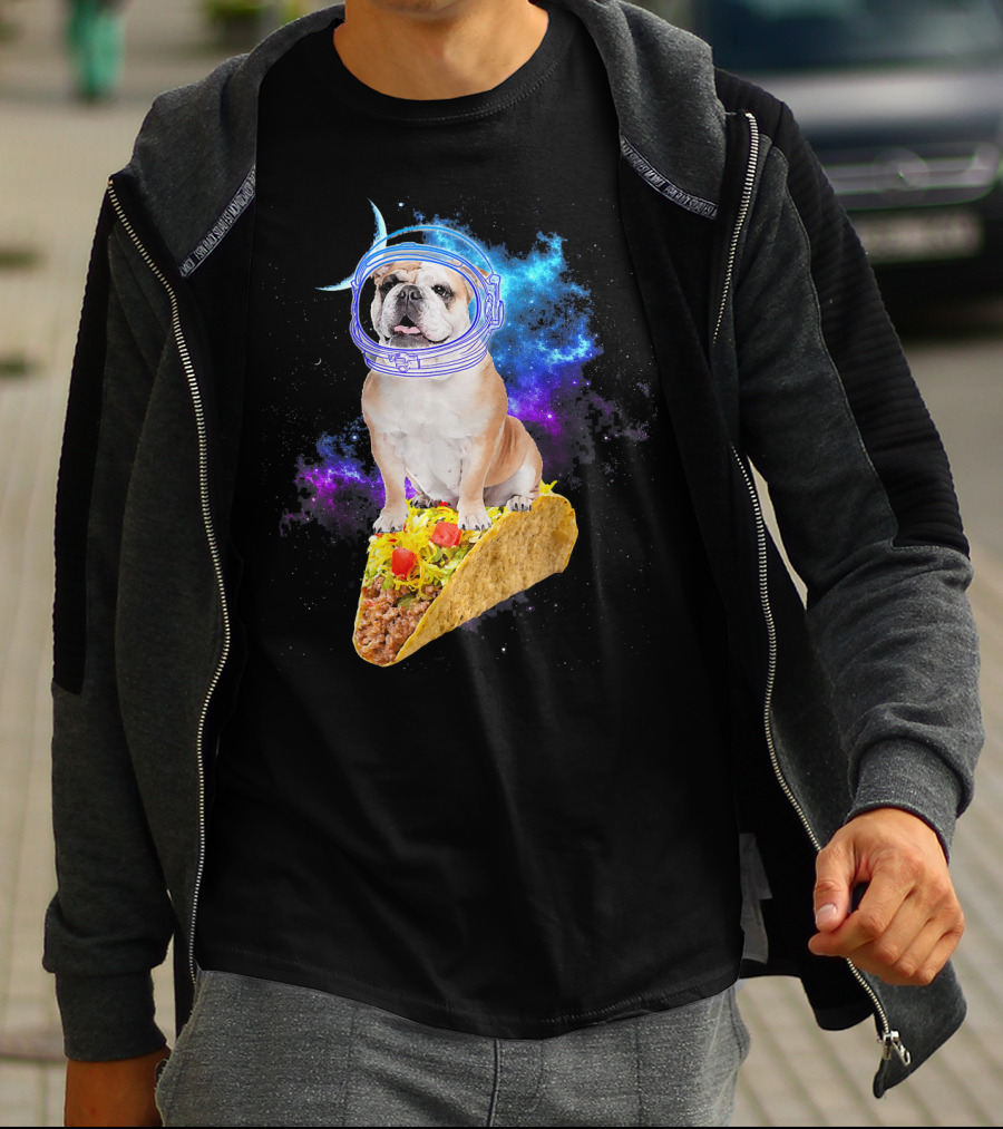 Space English Bulldog Astronaut Riding Taco In Galaxy T-Shirt