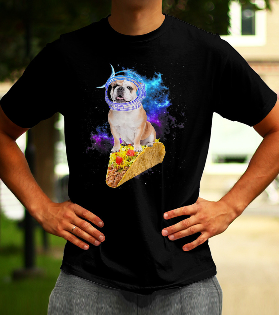 Space English Bulldog Astronaut Riding Taco In Galaxy T-Shirt