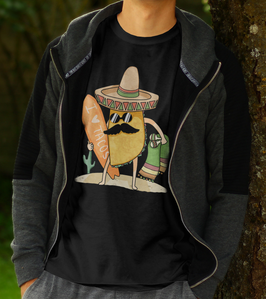 I Love Tacos Funny Mexican Surfing Beach T-Shirt