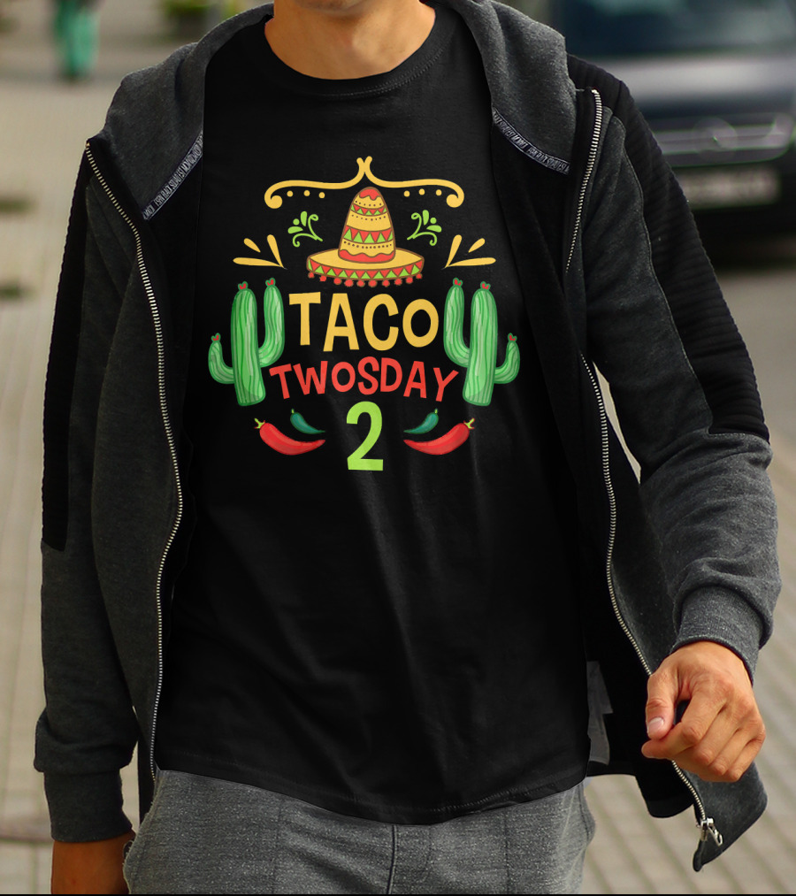 Taco Twosday 2 Sombrero Cactus Peppers For Two Year Old Boy T-Shirt