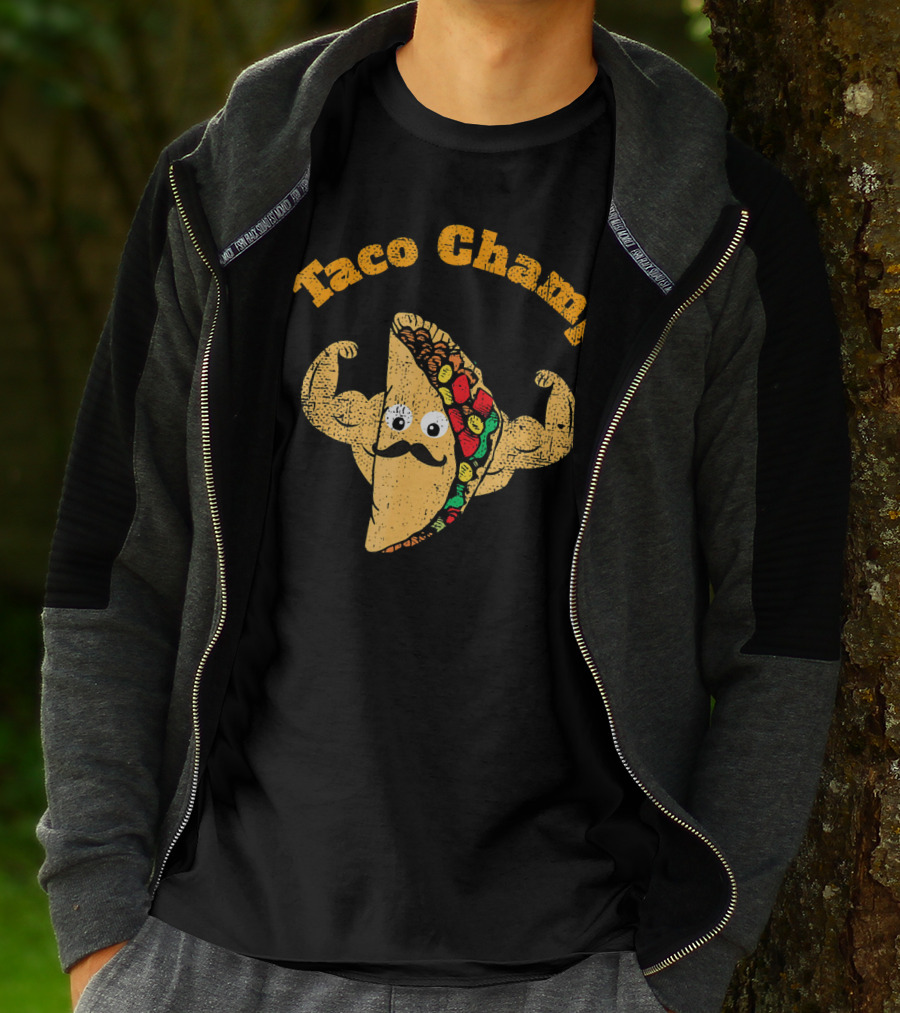 Taco Champ Flexing Strong Mustache Taco Emoji T-Shirt
