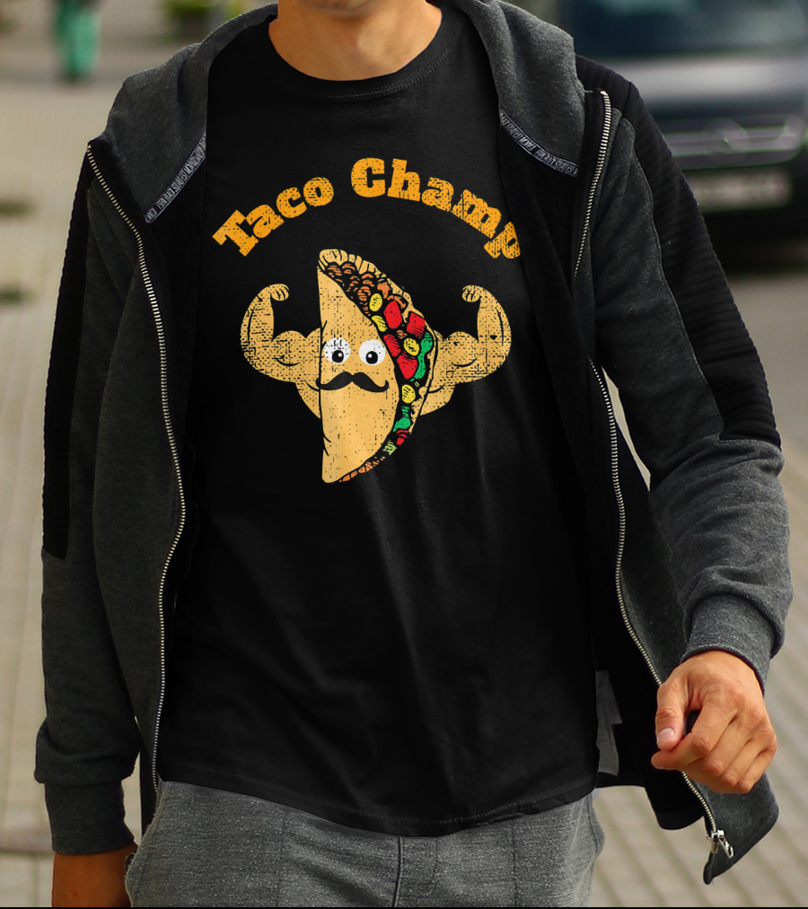 Taco Champ Flexing Strong Mustache Taco Emoji T-Shirt