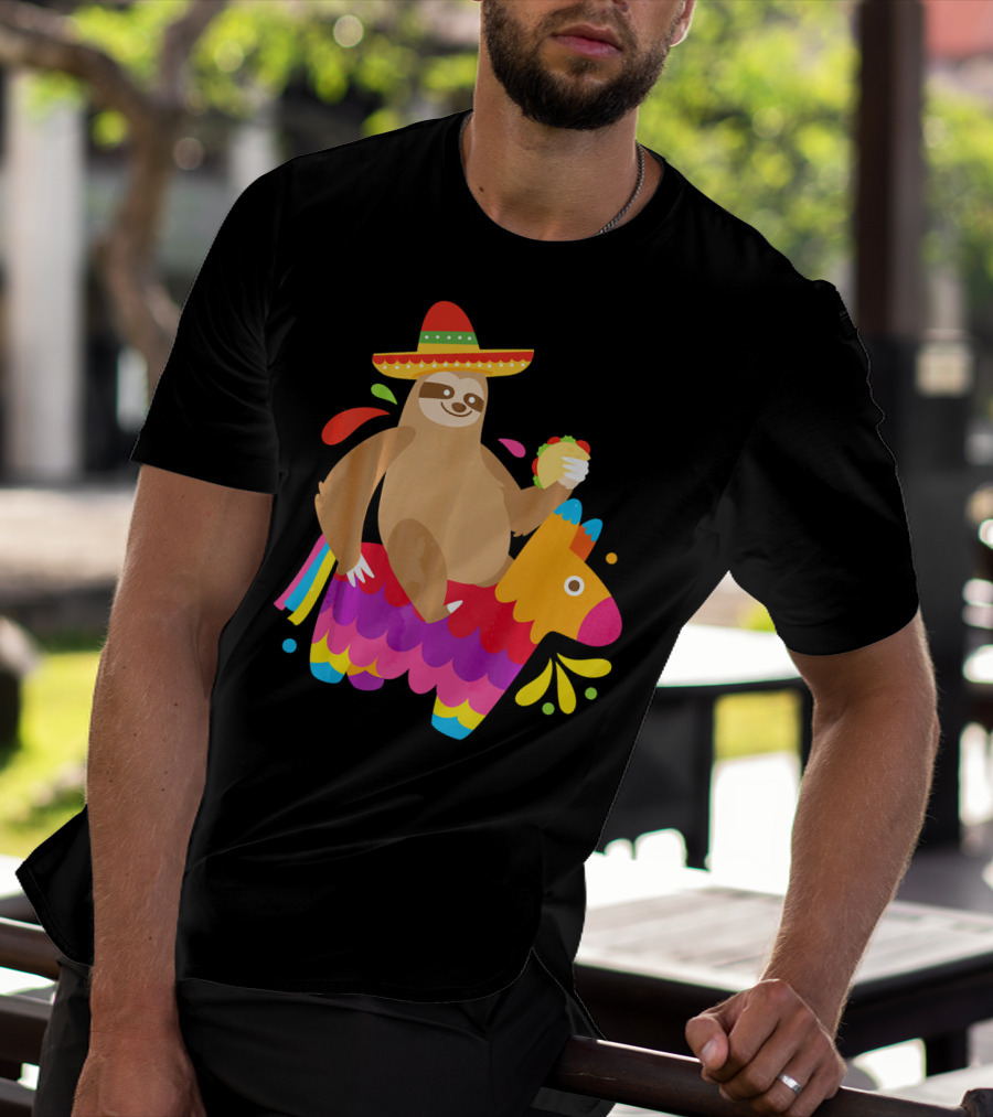 Sloth Taco Piñata Cute Mexican Fiesta Sombrero Riding Rainbow T-Shirt