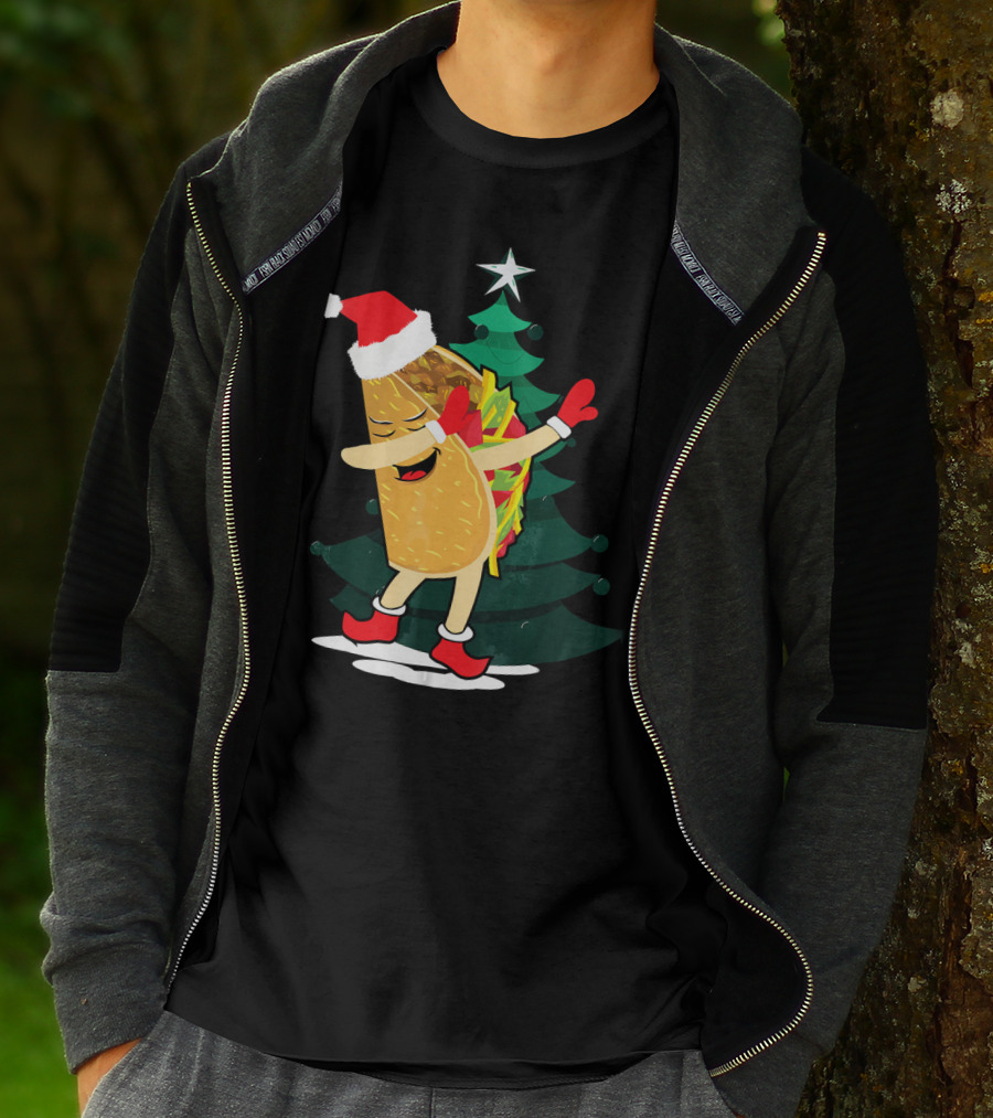 Dabbing Taco Christmas Santa Hat And Tree T-Shirt