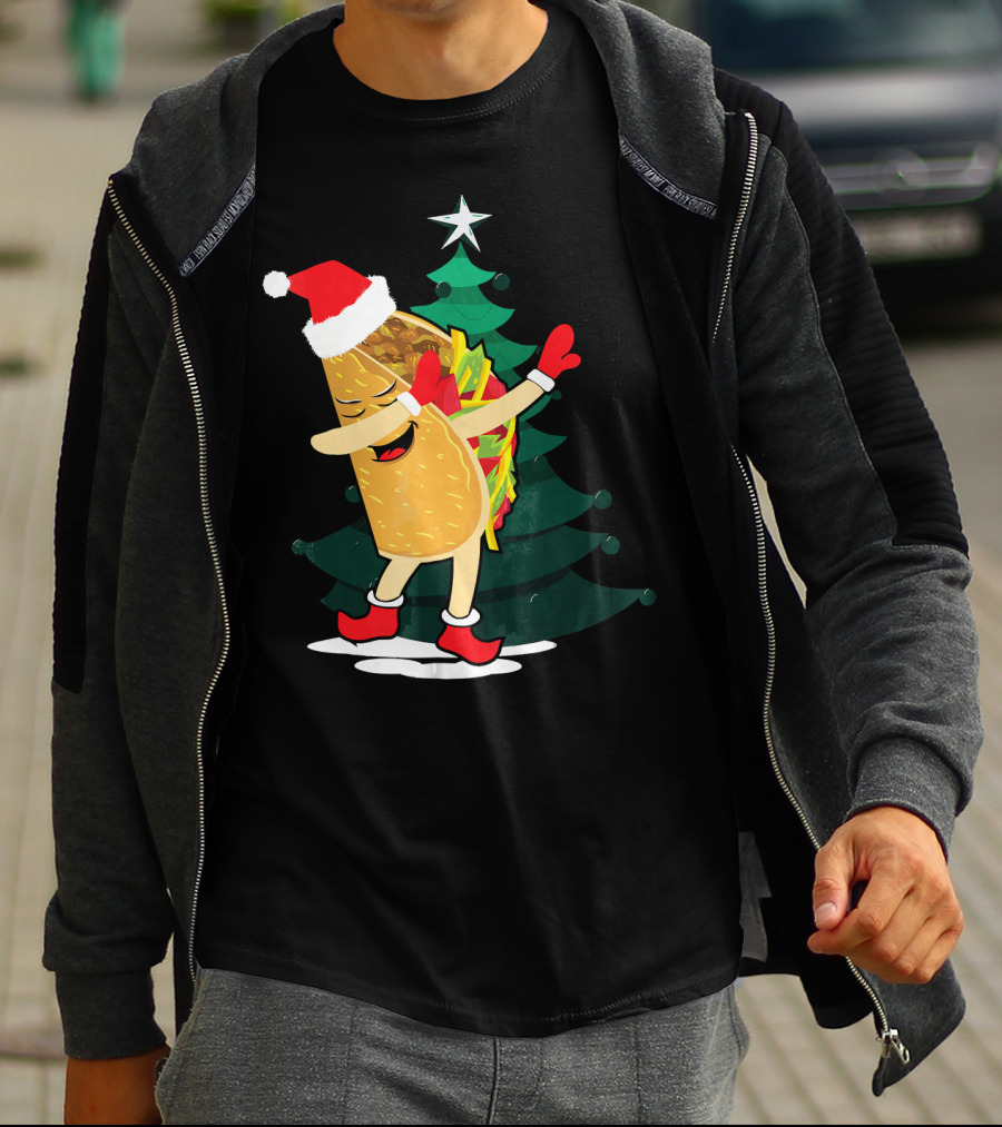 Dabbing Taco Christmas Santa Hat And Tree T-Shirt