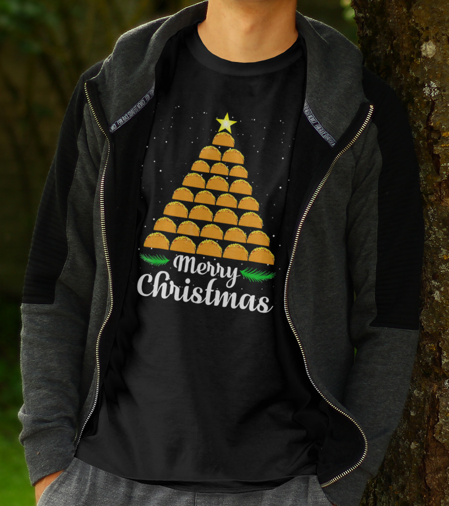 Merry Christmas Taco Tree With Star And Snowflakes T-Shirt
