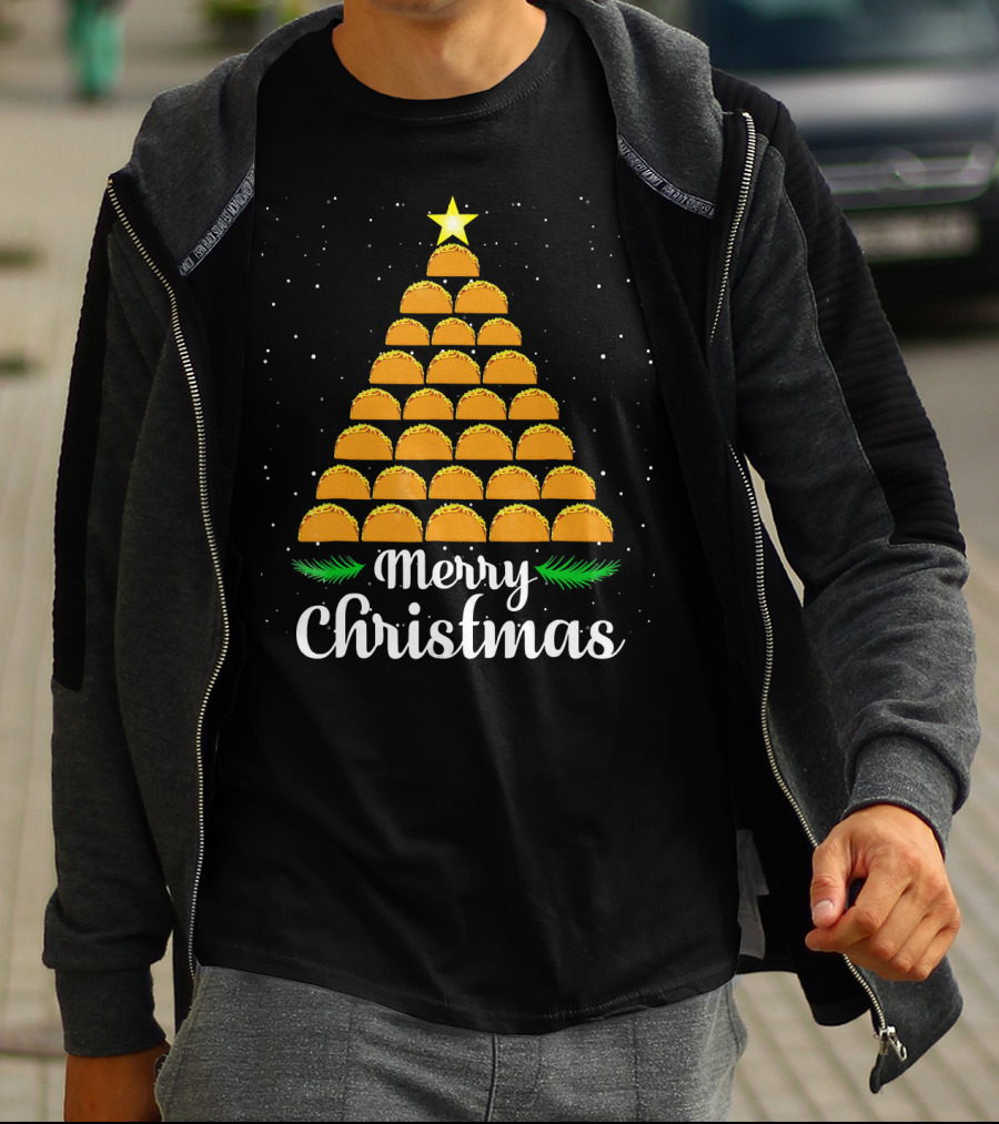Merry Christmas Taco Tree With Star And Snowflakes T-Shirt