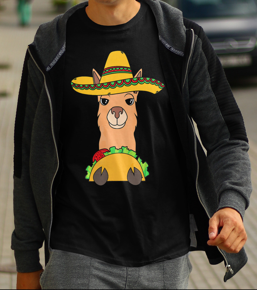 Llama Eating Taco Sombrero Cool Mexican T-Shirt