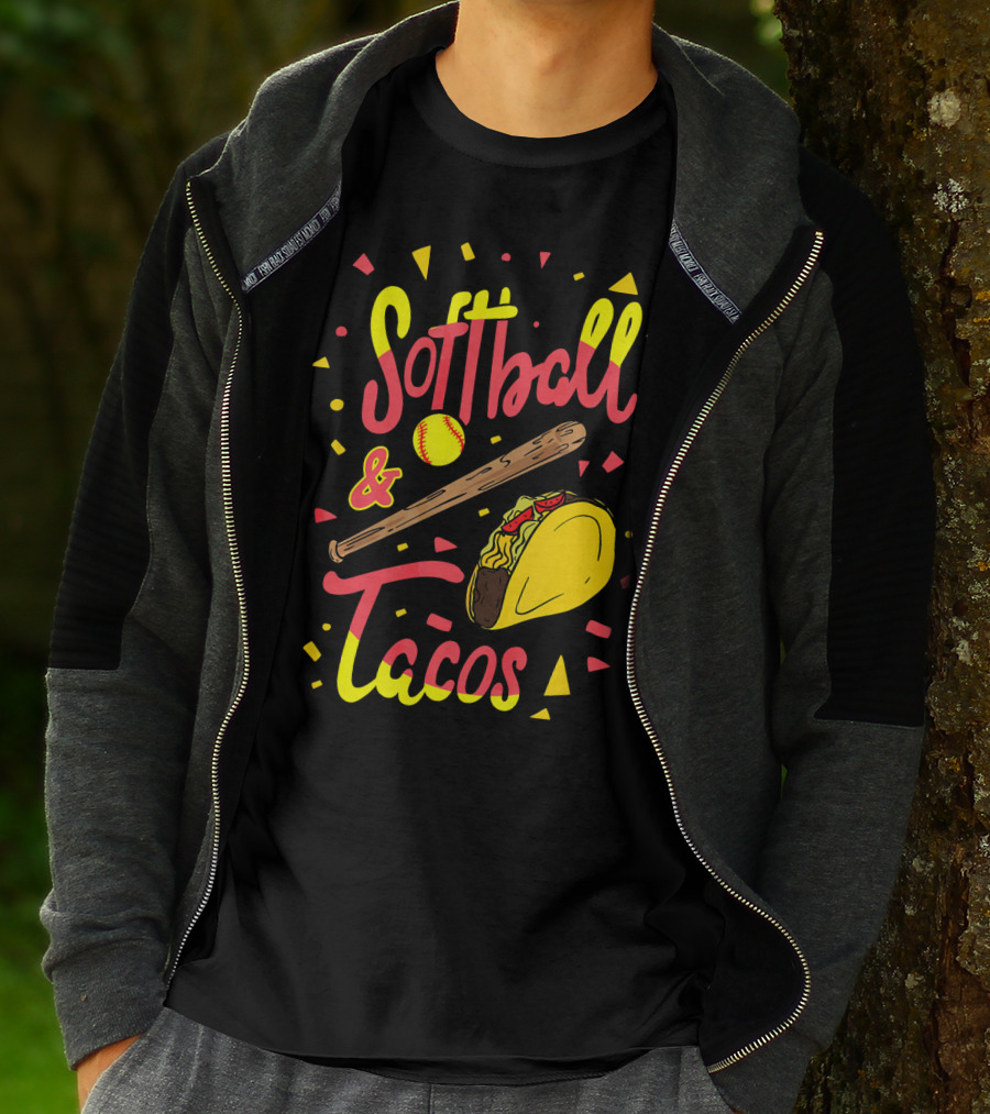 Softball And Tacos Funny Taco And Mexican Softball Bat And Ball Icons T-Shirt