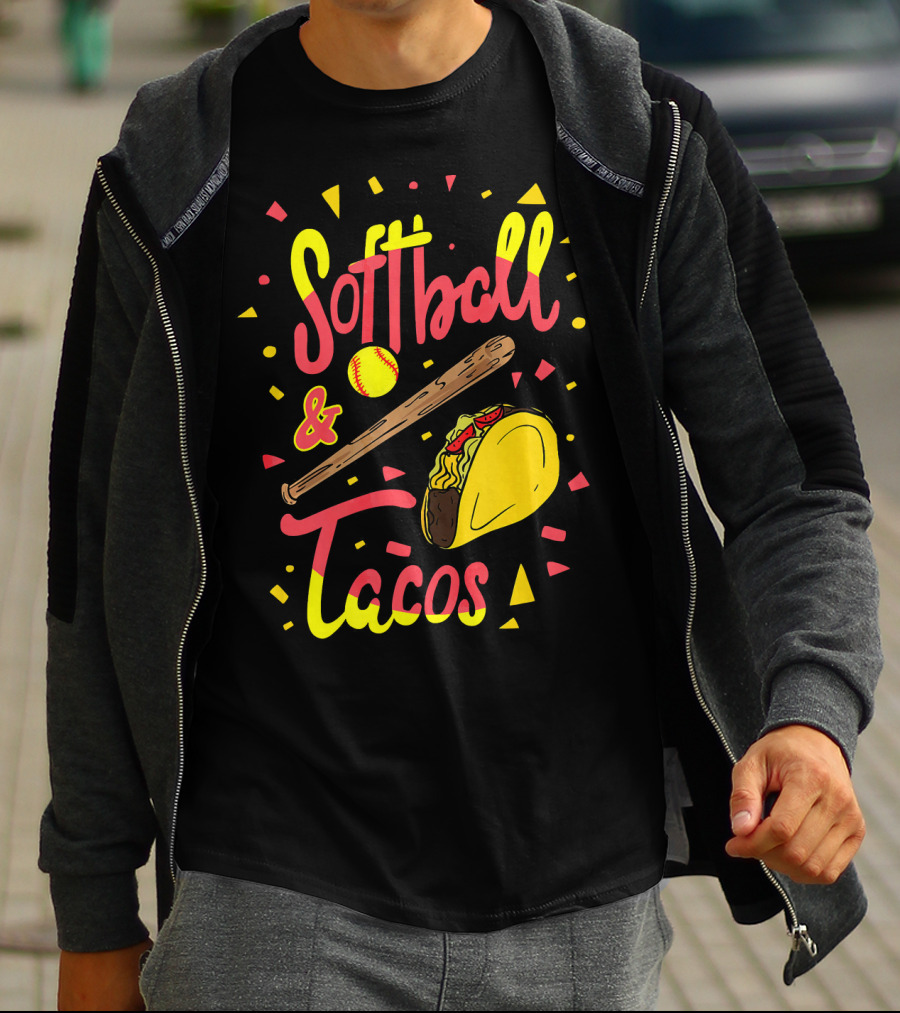 Softball And Tacos Funny Taco And Mexican Softball Bat And Ball Icons T-Shirt