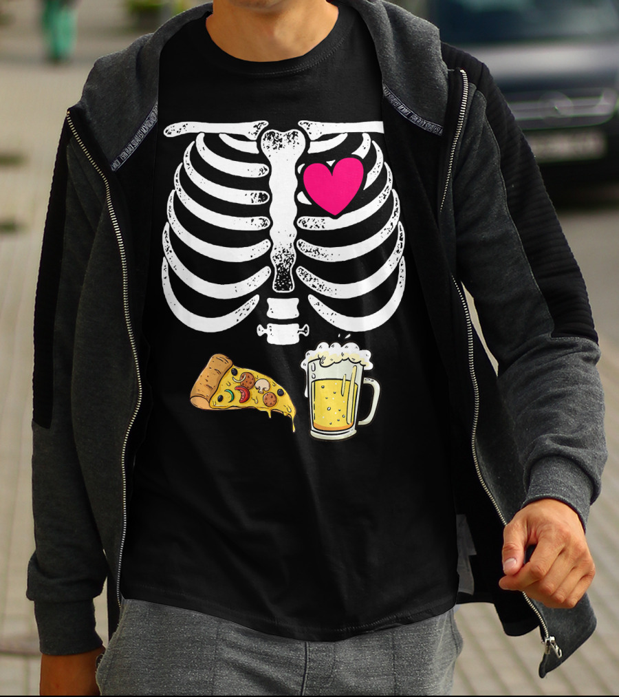 Skeleton Heart Pizza And Beer Xray T-Shirt