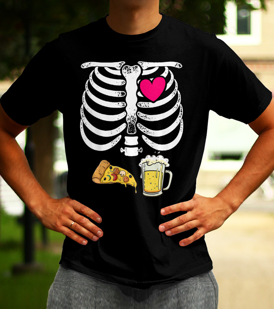 Skeleton Heart Pizza And Beer Xray T-Shirt