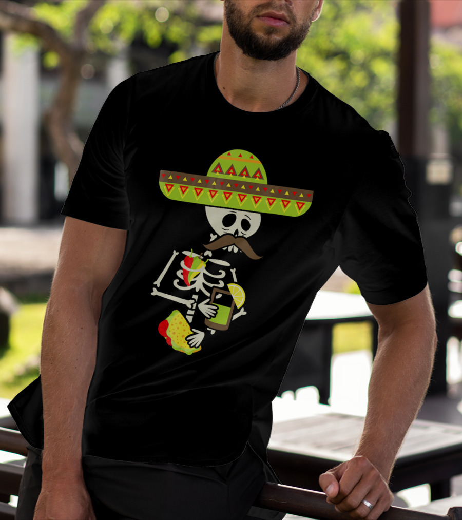 Mexican Skeleton Sombrero Holding Tequila Chili Tacos T-Shirt