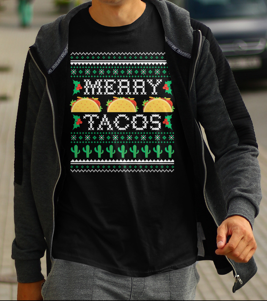 Merry Tacos Ugly Christmas Cactus Holly T-Shirt
