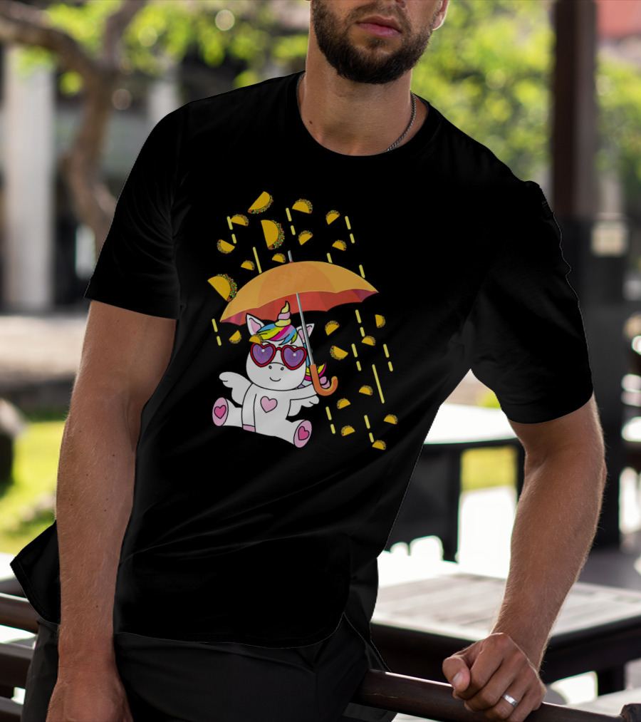 Its Raining Tacos Funny Unicorn With Umbrella And Sunglasses T-Shirt