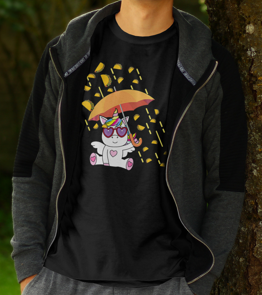 Its Raining Tacos Funny Unicorn With Umbrella And Sunglasses T-Shirt