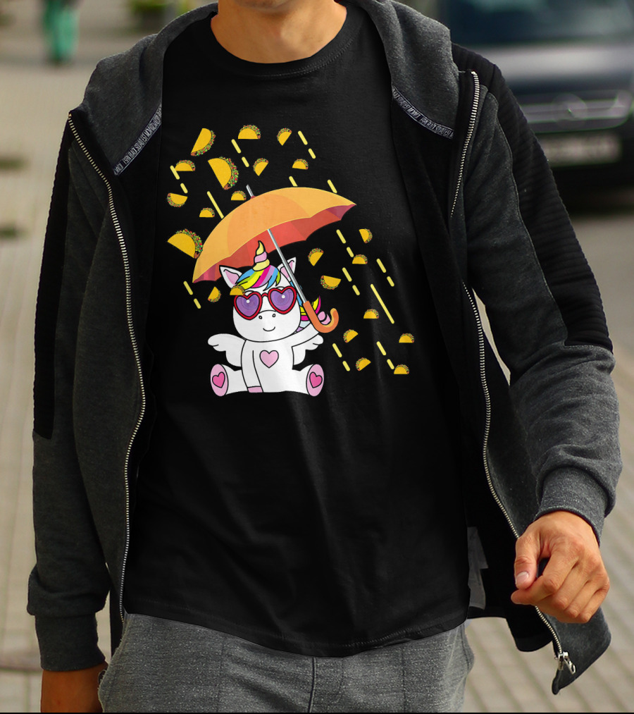 Its Raining Tacos Funny Unicorn With Umbrella And Sunglasses T-Shirt