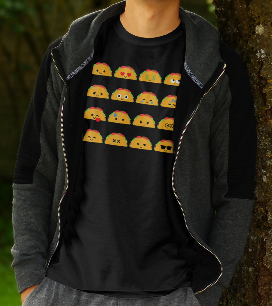 Taco Emoji Faces With Heart Eyes, Money, Glasses, Sunglasses, And Sleepy Expressions T-Shirt