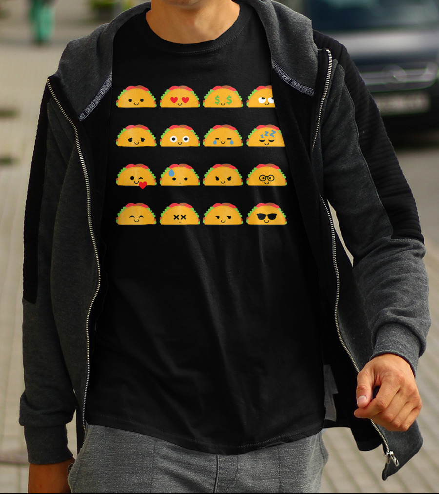 Taco Emoji Faces With Heart Eyes, Money, Glasses, Sunglasses, And Sleepy Expressions T-Shirt
