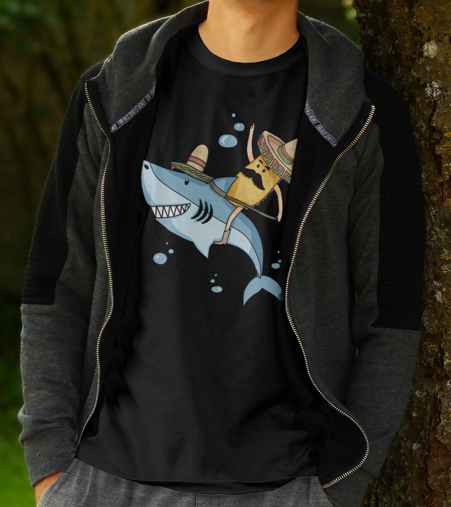 Taco Guy Riding Sombrero Shark Funny Mexican Style Long T-Shirt