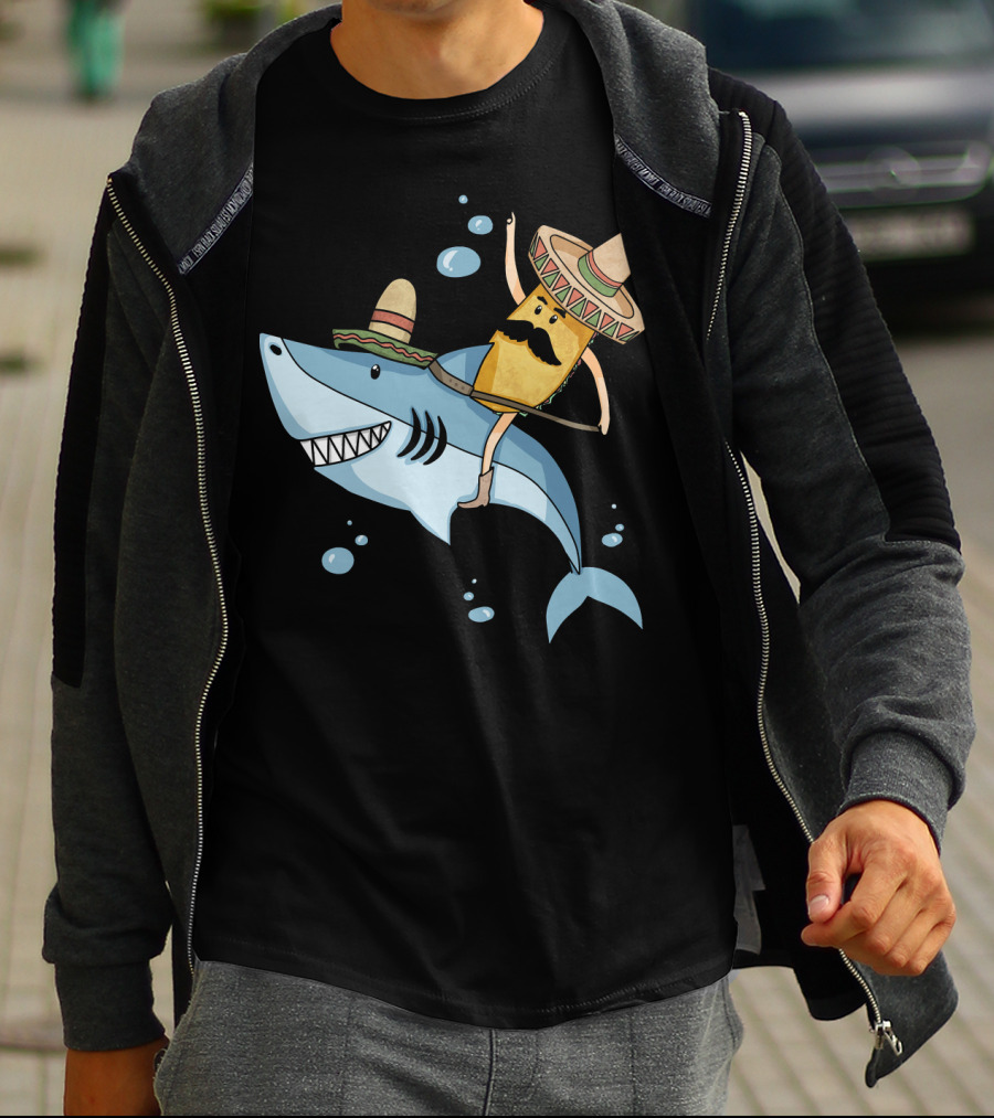 Taco Guy Riding Sombrero Shark Funny Mexican Style Long T-Shirt