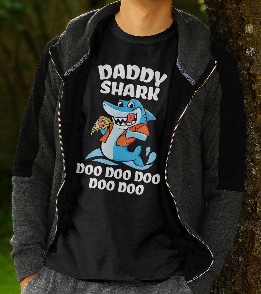 Daddy Shark Doo Doo Doo Doo Pizza Eating Cartoon Shark T-Shirt