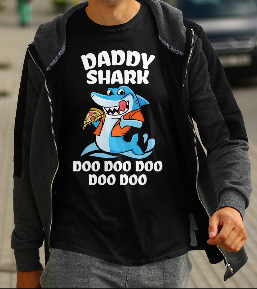 Daddy Shark Doo Doo Doo Doo Pizza Eating Cartoon Shark T-Shirt