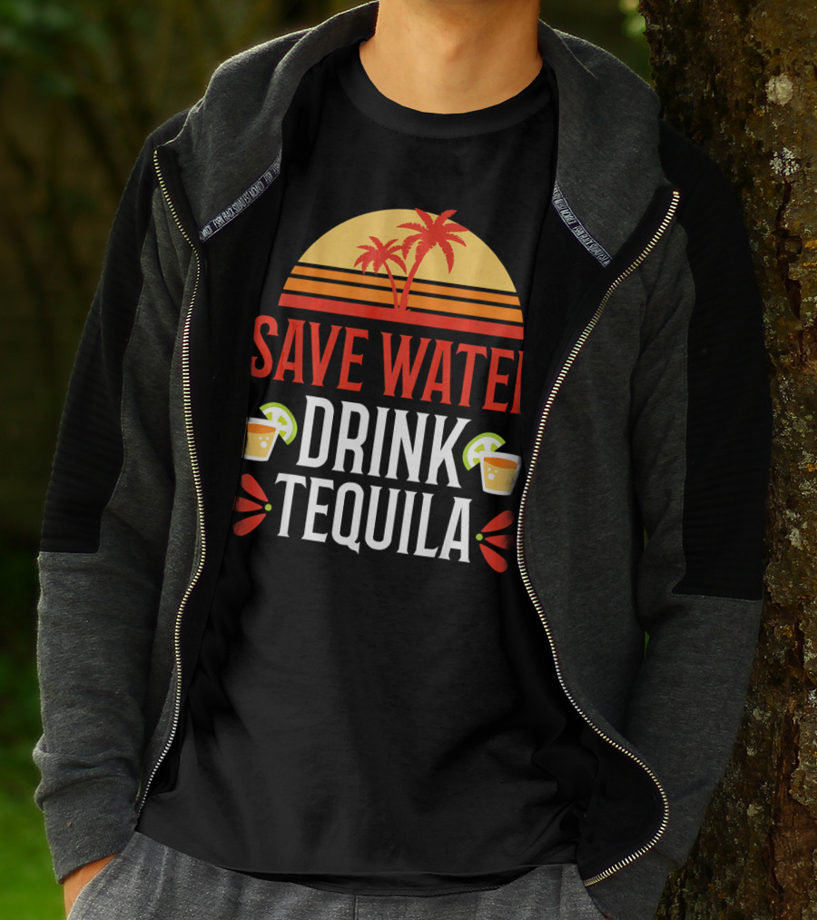 Save Water Drink Tequila Mexican Palm Sunset Lime T-Shirt