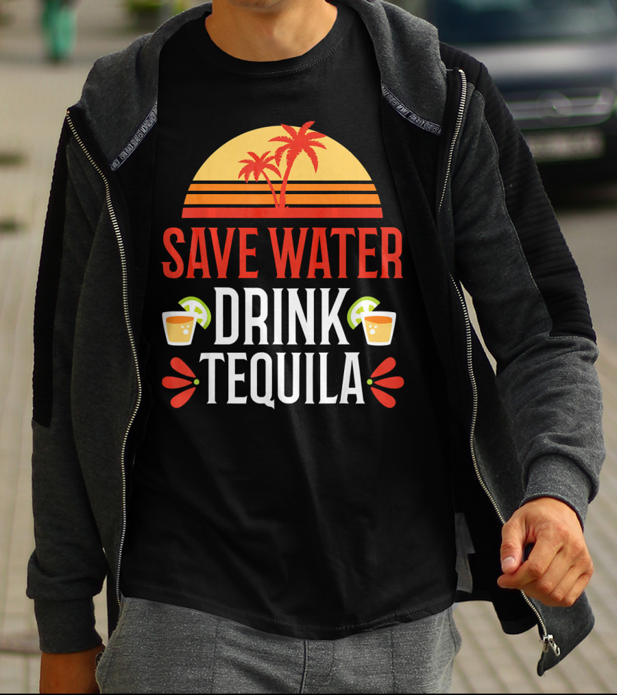 Save Water Drink Tequila Mexican Palm Sunset Lime T-Shirt
