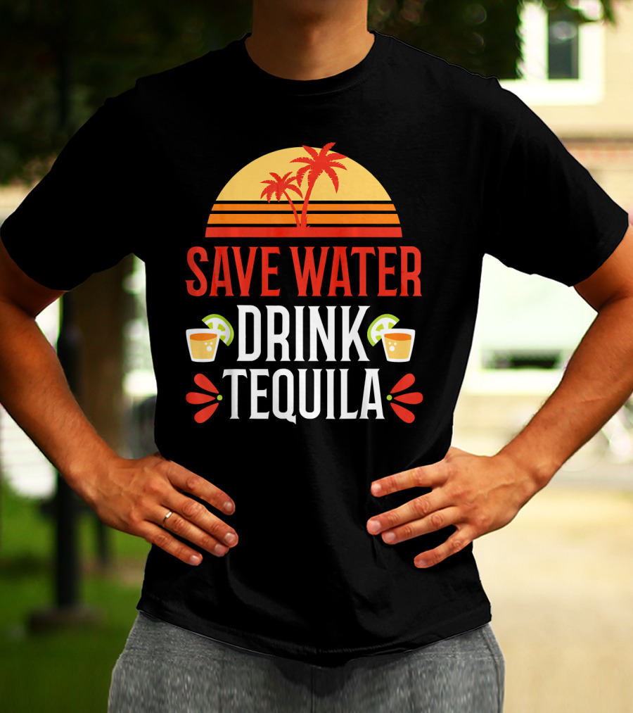 Save Water Drink Tequila Mexican Palm Sunset Lime T-Shirt