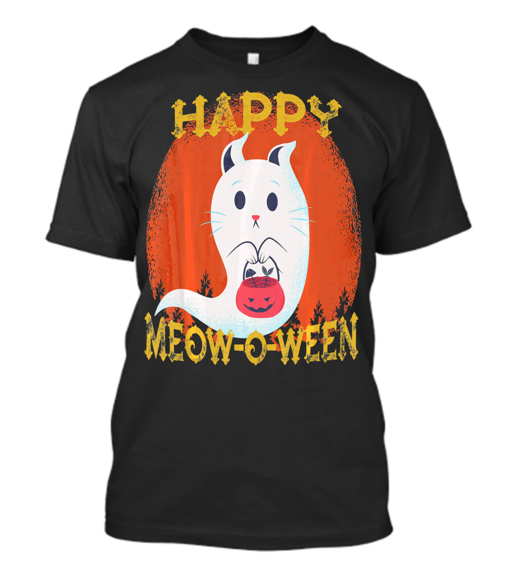 Happy Meow O Ween Cat Ghost With Pumpkin Bag T-Shirt