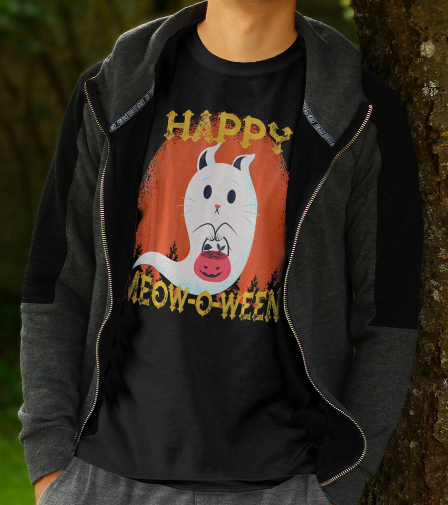 Happy Meow O Ween Cat Ghost With Pumpkin Bag T-Shirt