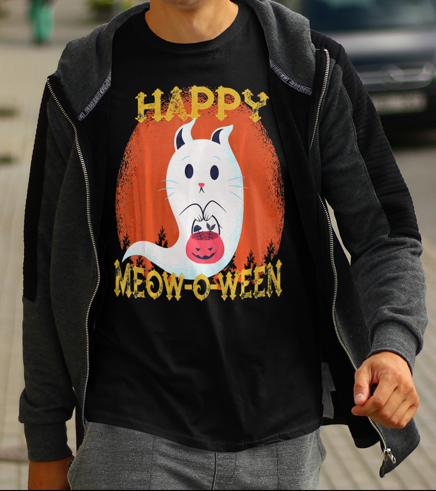 Happy Meow O Ween Cat Ghost With Pumpkin Bag T-Shirt