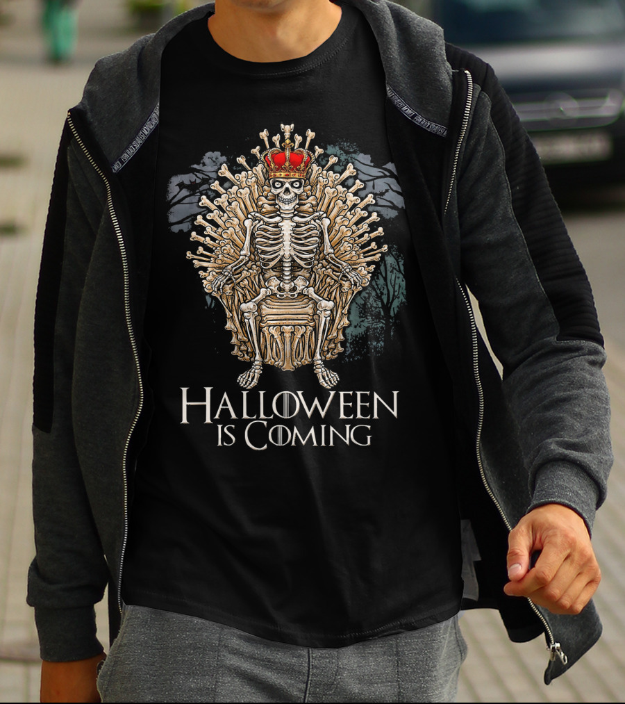Halloween Is Coming Funny Skeleton Bone Throne With Crown T-Shirt
