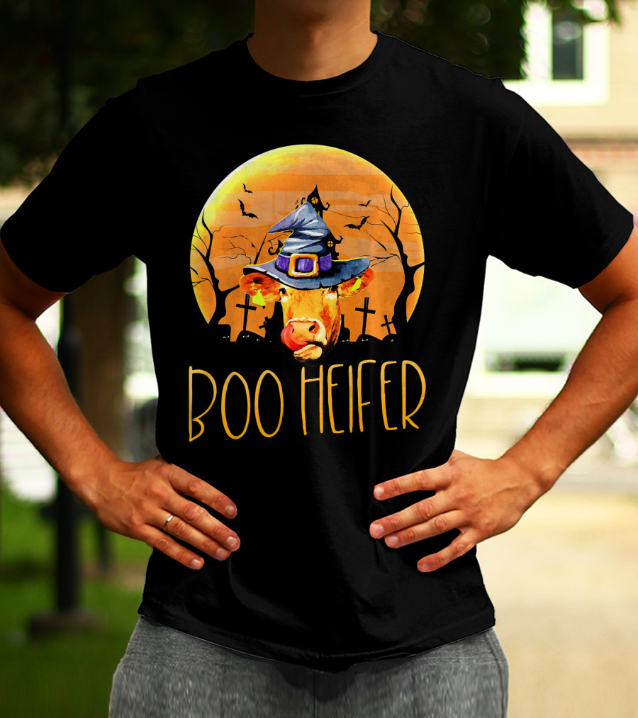 Boo Heifer Halloween Cow In Witch Hat With Graveyard And Bats T-Shirt