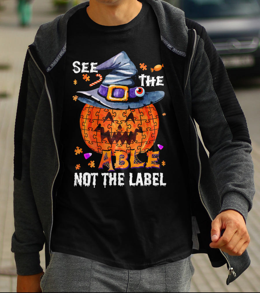 See The Able Not The Label Autism Awareness Halloween Pumpkin Puzzle Hat T-Shirt
