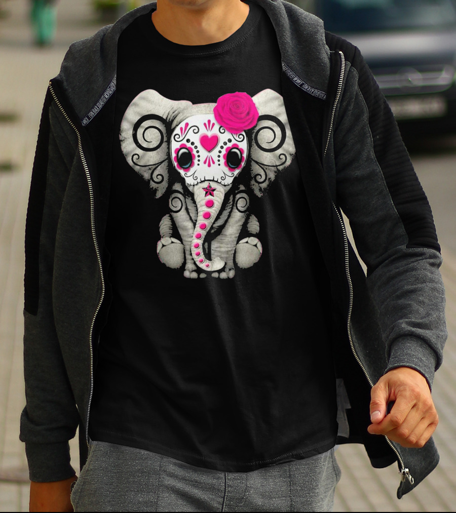 Dead Sugar Skull Elephant Pink Flower T-Shirt