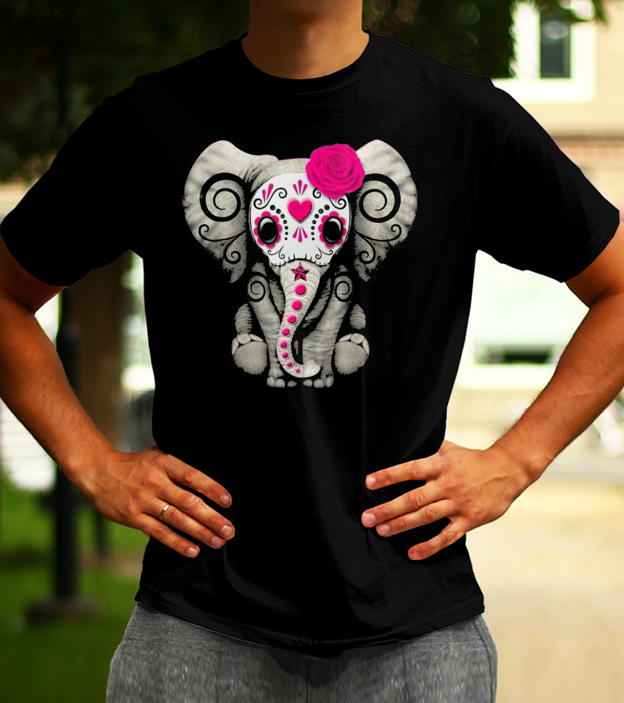 Dead Sugar Skull Elephant Pink Flower T-Shirt