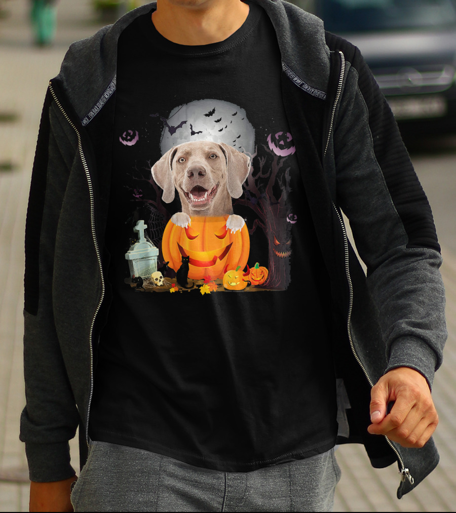 Weimaraner Dog In Halloween Pumpkin With Bats And Black Cat T-Shirt