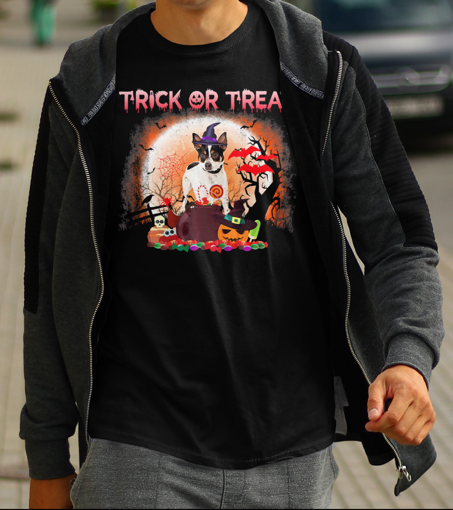 Trick Or Treat Rat Terrier Halloween With Witch Hat, Bats, And Pumpkins T-Shirt