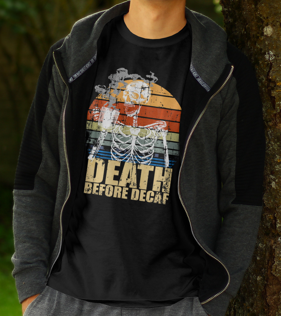 Vintage Death Before Decaf Coffee Skeleton Retro Sunset T-Shirt