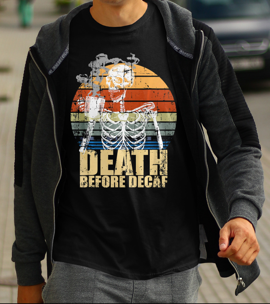Vintage Death Before Decaf Coffee Skeleton Retro Sunset T-Shirt