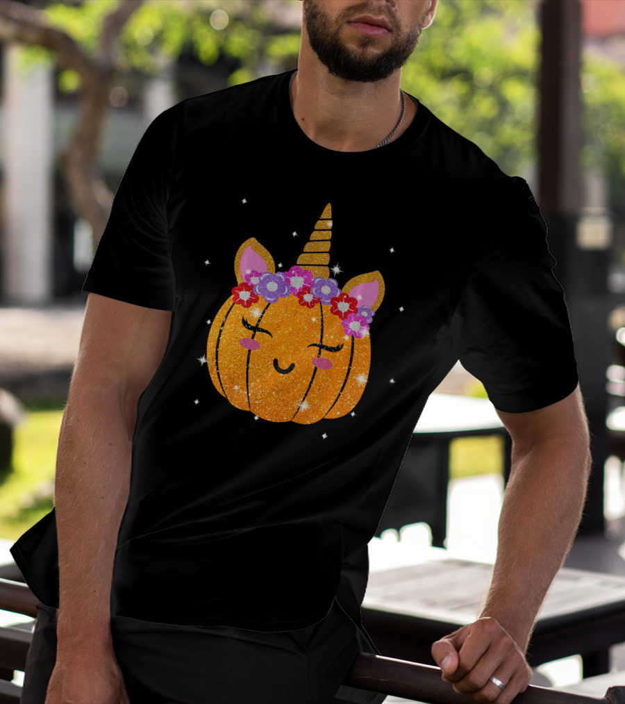 Cute Unicorn Pumpkin Glitter Funny Halloween Sparkles T-Shirt