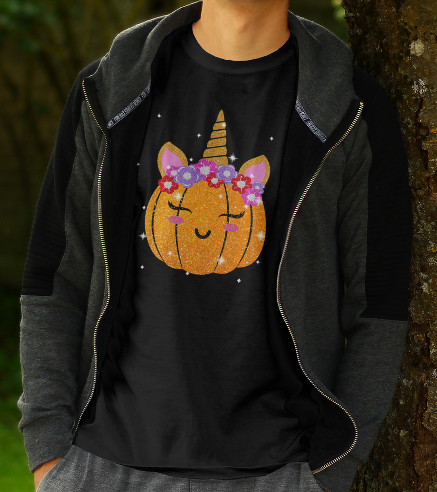 Cute Unicorn Pumpkin Glitter Funny Halloween Sparkles T-Shirt