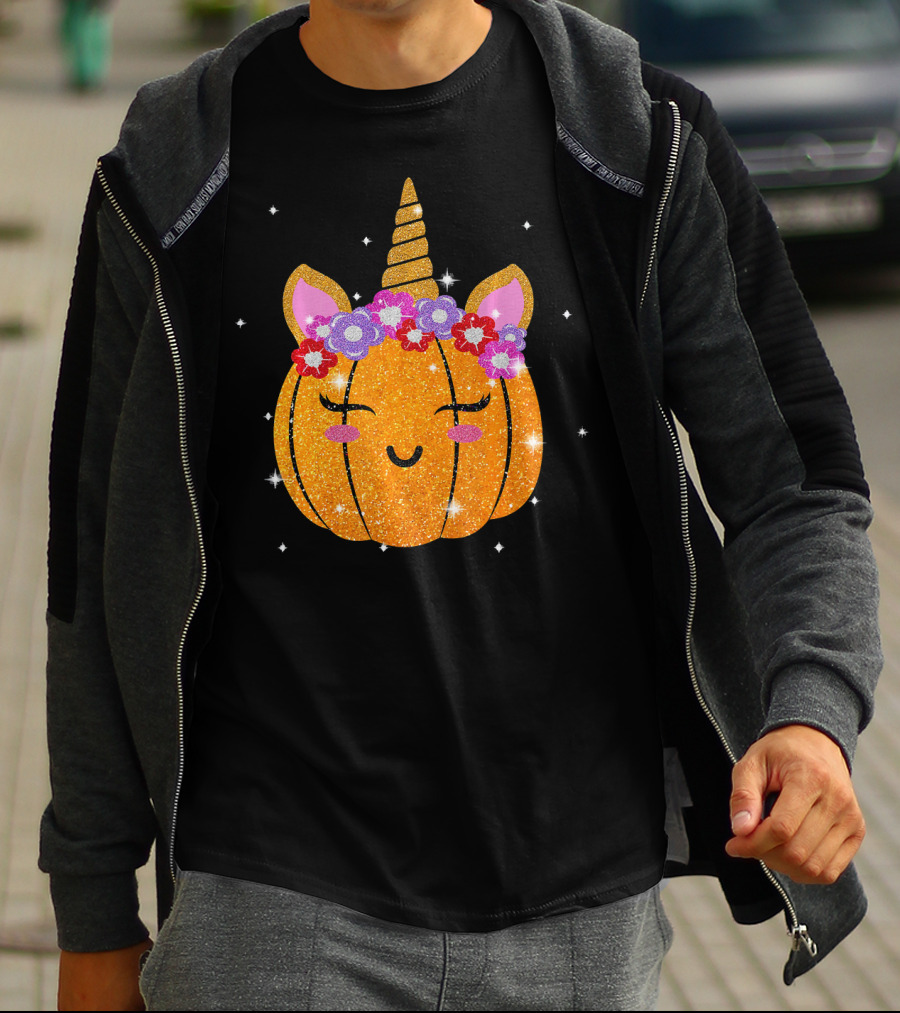 Cute Unicorn Pumpkin Glitter Funny Halloween Sparkles T-Shirt