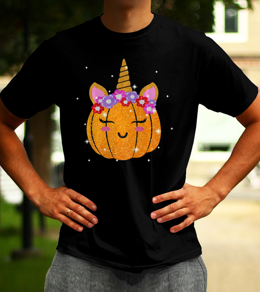 Cute Unicorn Pumpkin Glitter Funny Halloween Sparkles T-Shirt