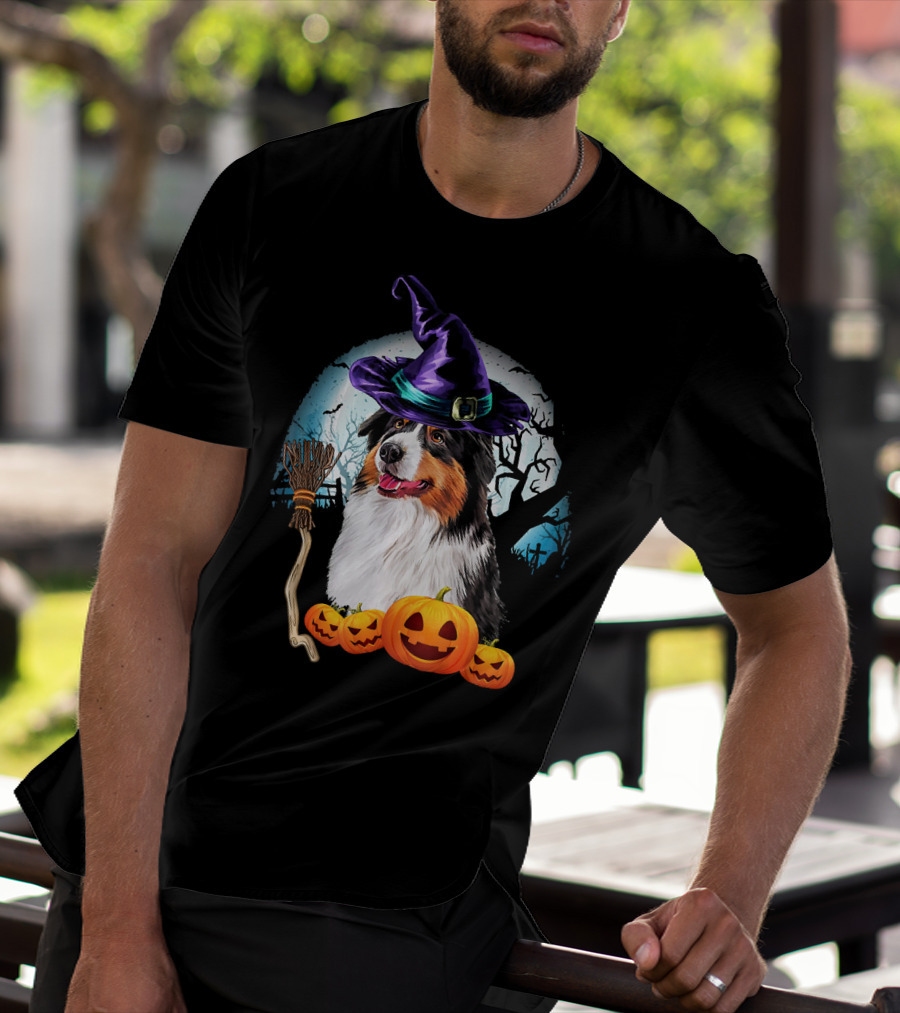 Australian Shepherd Halloween Witch Hat Dog With Pumpkins And Broomstick T-Shirt