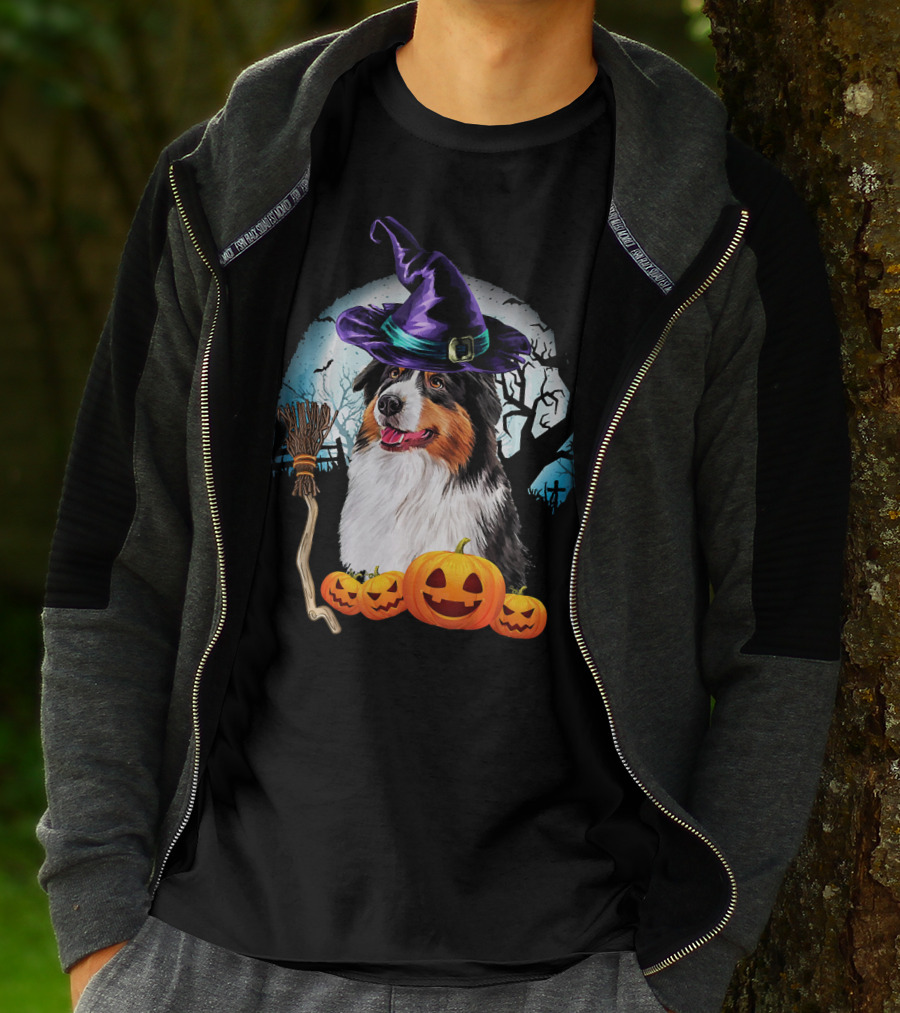 Australian Shepherd Halloween Witch Hat Dog With Pumpkins And Broomstick T-Shirt