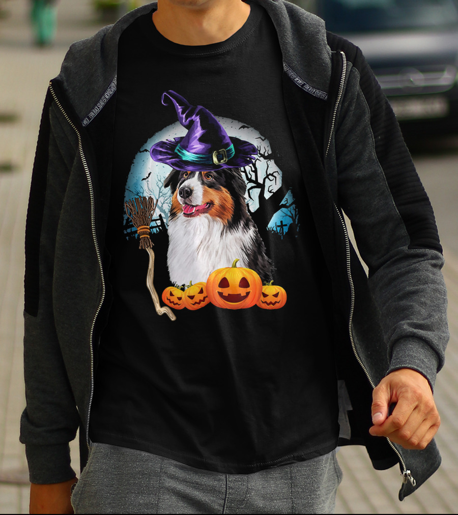 Australian Shepherd Halloween Witch Hat Dog With Pumpkins And Broomstick T-Shirt