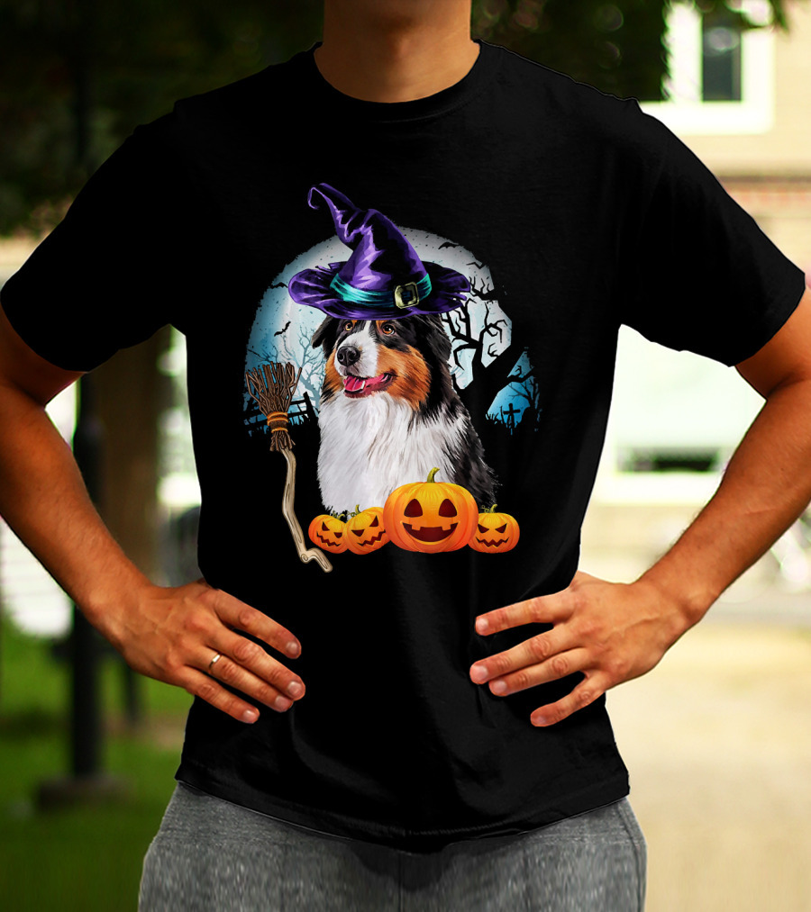 Australian Shepherd Halloween Witch Hat Dog With Pumpkins And Broomstick T-Shirt